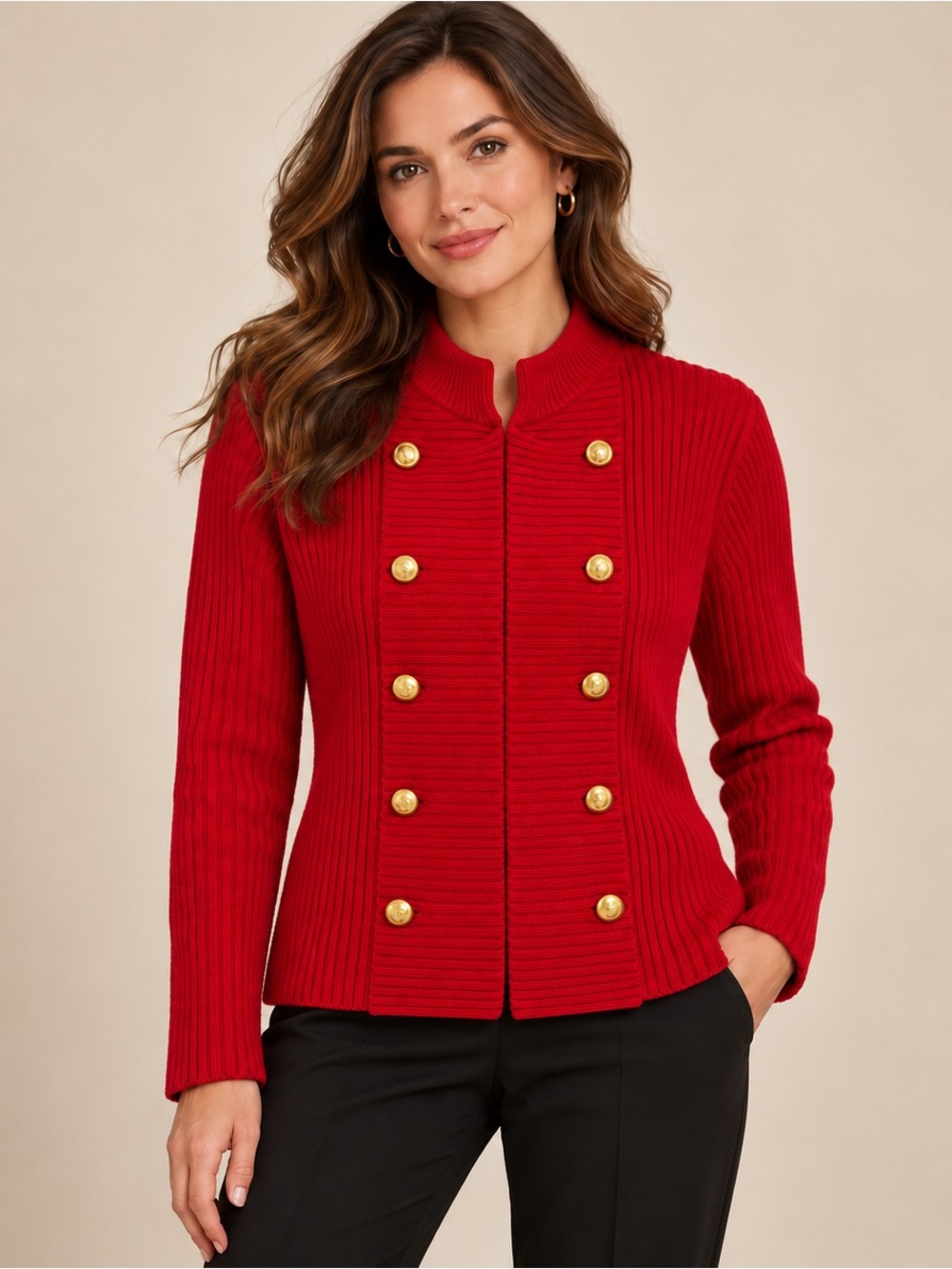Chaps Women’s XL Red Military Knit Cardigan Gold Button Cotton Sweater